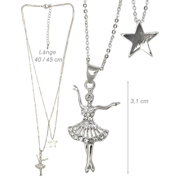 DV-Kette mit Anhänger „Ballerina mit Stern“, 2-reihig, Edelstahl mit Strass